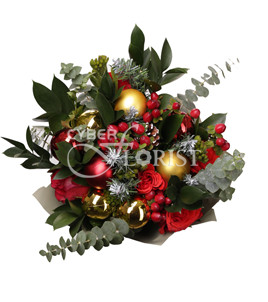 Christmas Spirit. Vivid and joyful arrangement of finest roses, exotic greenery and Christmas baubles has the true holiday spirit.